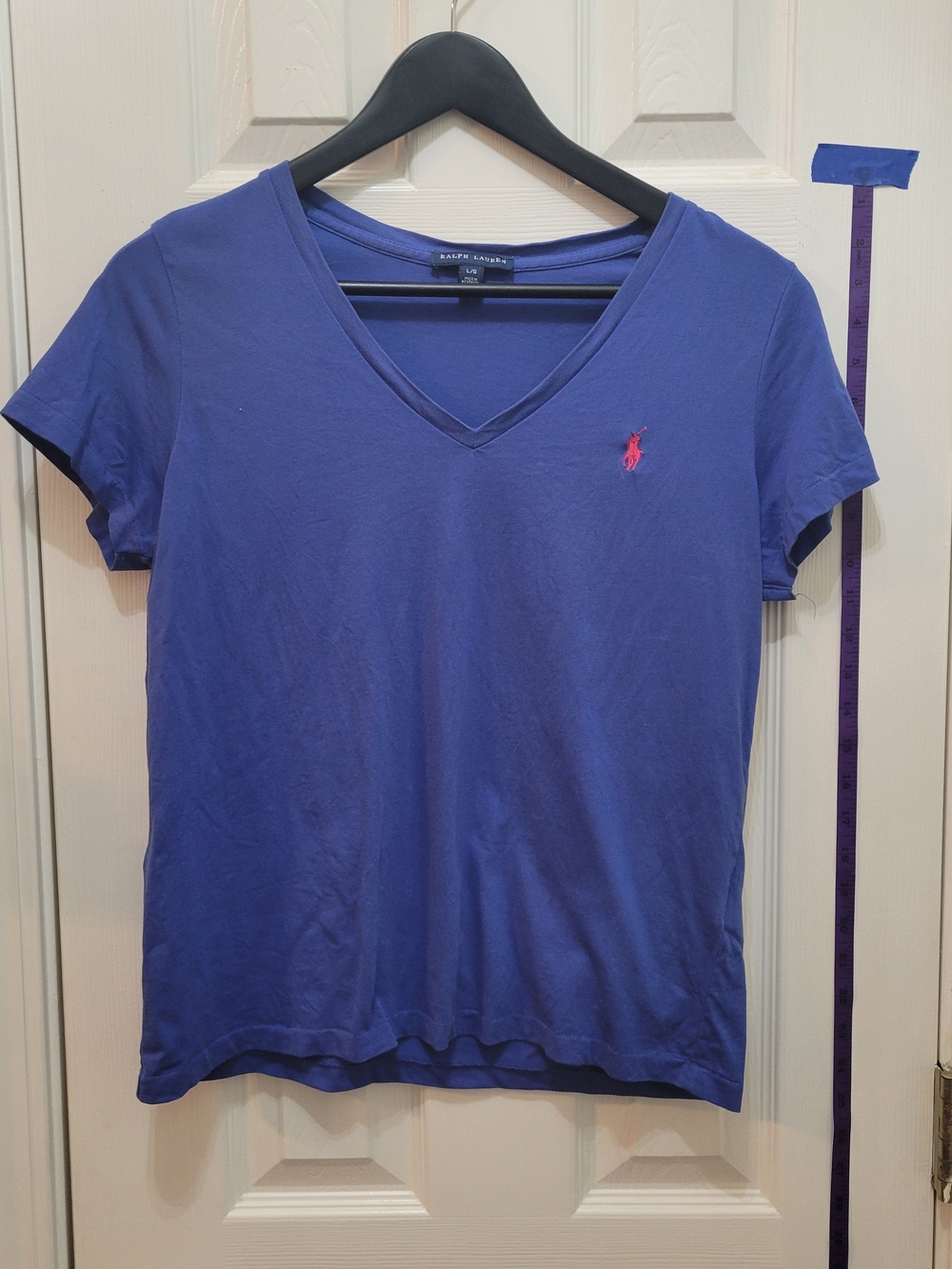 Ralph Lauren Women’s V-Neck Tee in Blue with Pink Pony